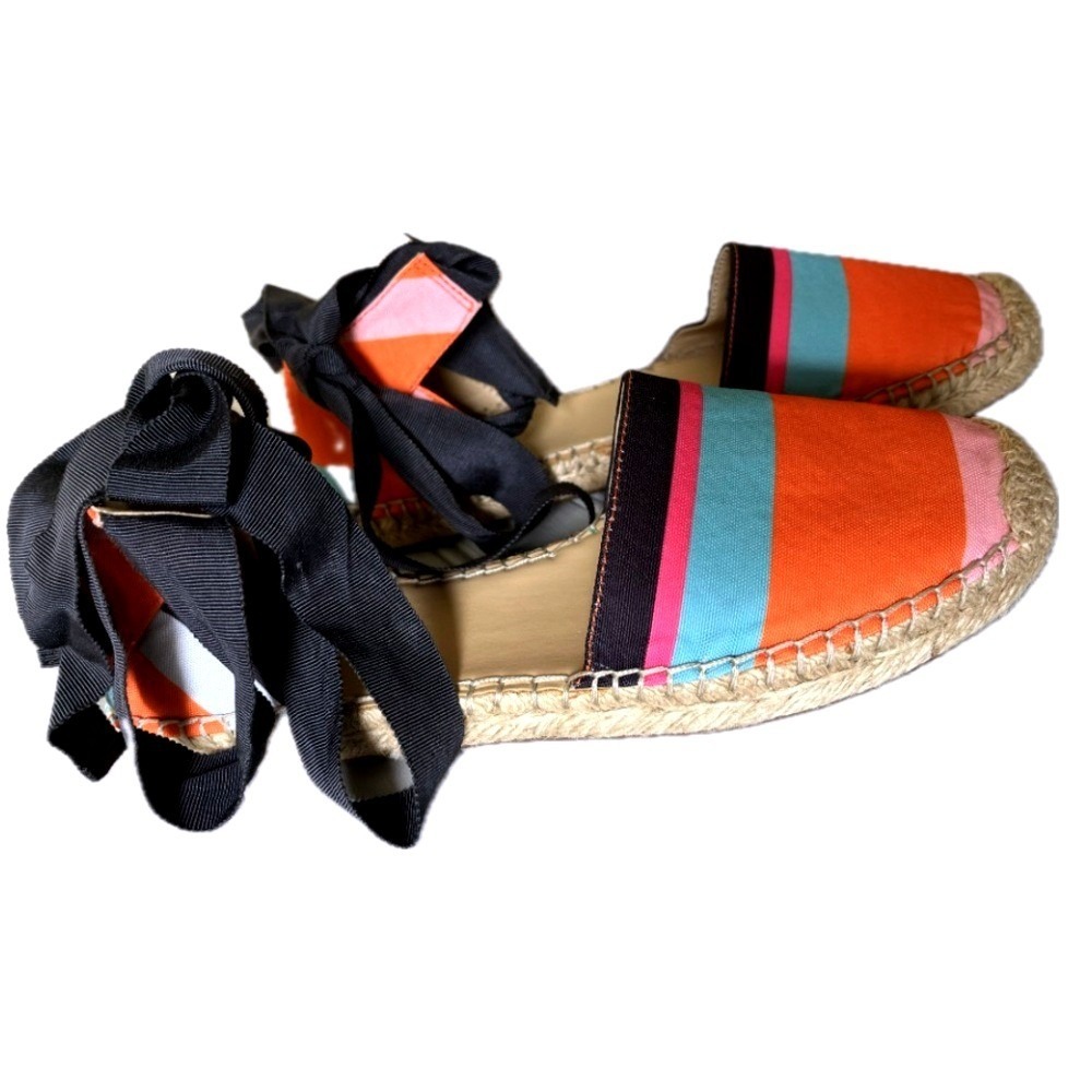 Marc Fisher Striped Espadrille Ankle-Tie Flats Womens 7 Orange Blue Colorful